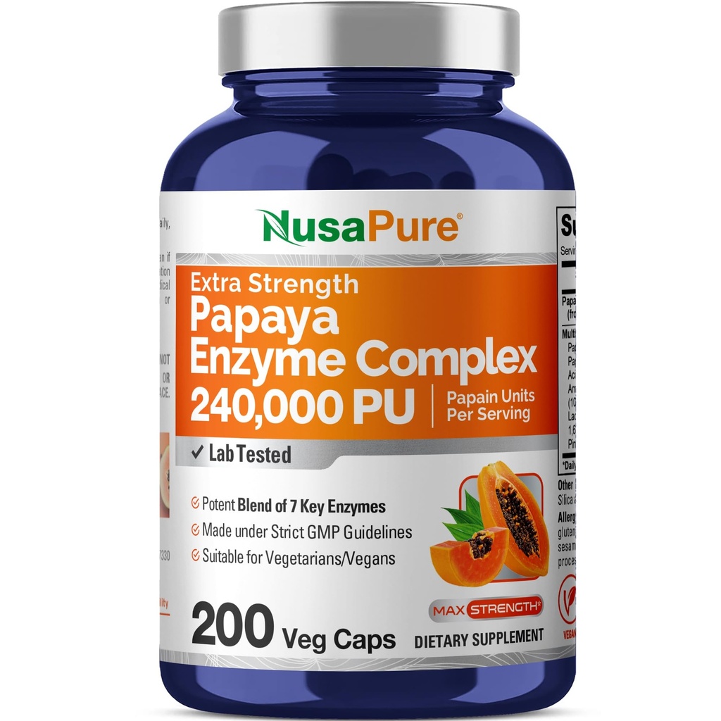 NusaPure Papanya Papain Enzyme 综合体 24万 PU - 200 Veggie Caps - 100% Vegetarian, Non-GMO