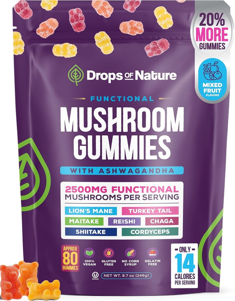 Ashwagandha Gummys and Lions Mane Mushroom Gummys 补编 - 有机 - Reishi, Cordyceps, Turkish Tail, Maitake, Shitake, Chaga - 免疫防护,靴子认知性能,Vegan,低卡