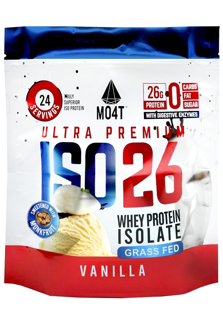 ISO26 Grass Fed Whey Protein Isolate with no Artificial sweeteners. Naturally Sweetened with Monk Fruit, 1.6 Pounds, 24 Servings, Vanilla