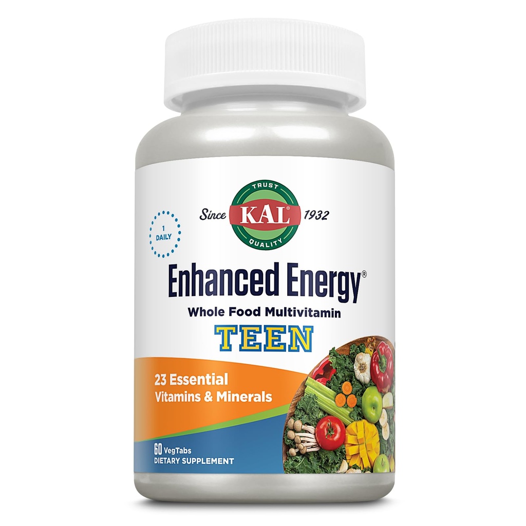 KAL Teens Enhanced Energy Supplements - Once Daily Whole Food Multivitamin w/Iron - 23 Vitamins and Minerals - Brain and Immune Support w/Super Foods - Vegetarian, 60-Day Guarantee, 60 Serv, 60 Tabs