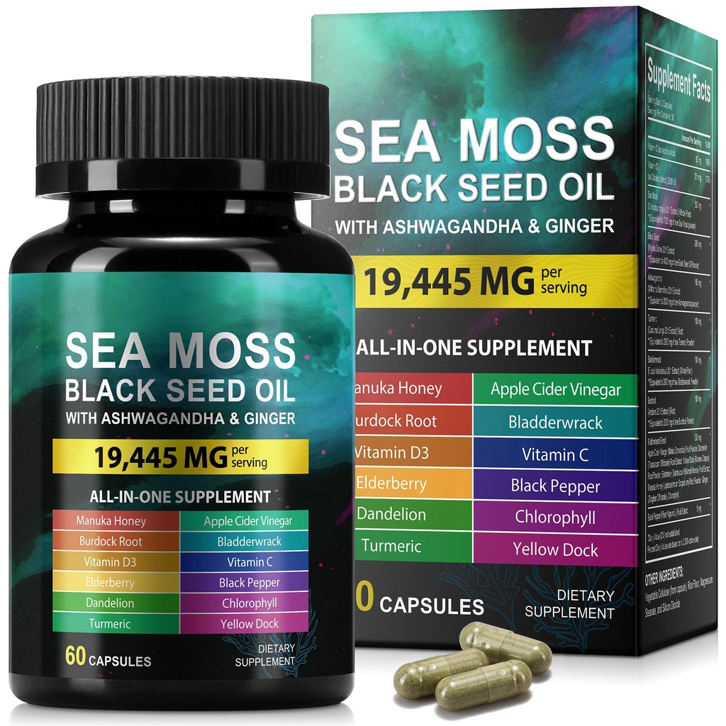海摩斯黑籽油 Ashwagandha 姜,海摩斯卡普苏尔增产,配有Turmeric Burdock Root Bladderwrack 维生素C 维生素D3 增强豁免和能源 黑籽油卡普苏尔 60 Counter