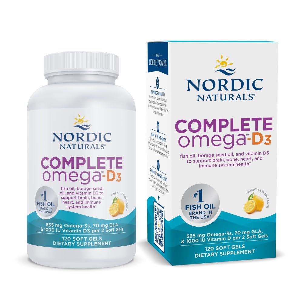 北欧自然公司 完成Omega-D3,Lemon Flavor - 120 Soft Gels - 565 mg Omega-3 + 70 mg GLA + 1000 IU 维生素 D3 - EPA & DHA - 健康皮肤,认知,阳性Mood - 非GMO - 60 services