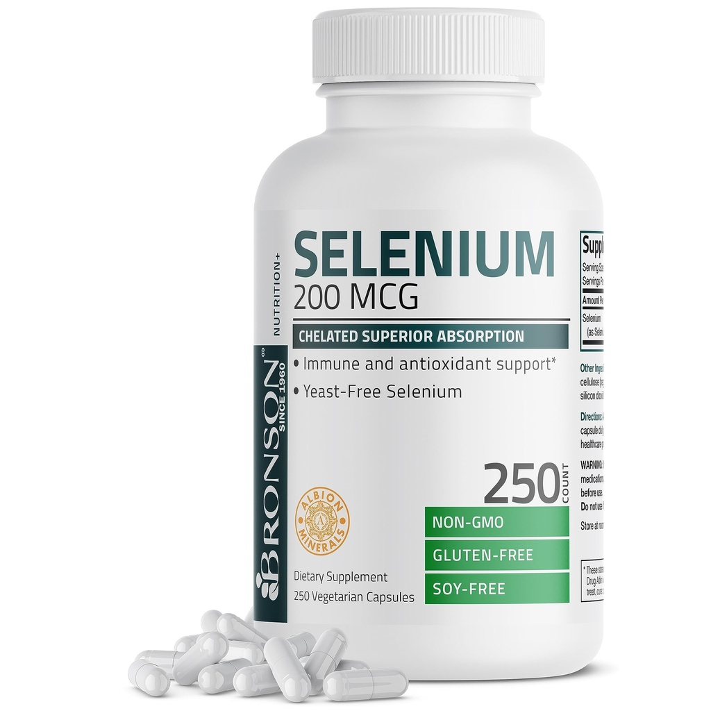 Bronson Selenium 200 mcg – Yeast Free Chelated 氨基酸复合物 - 具有高级吸收性的基本轨迹矿物, 250个植物卡普尔