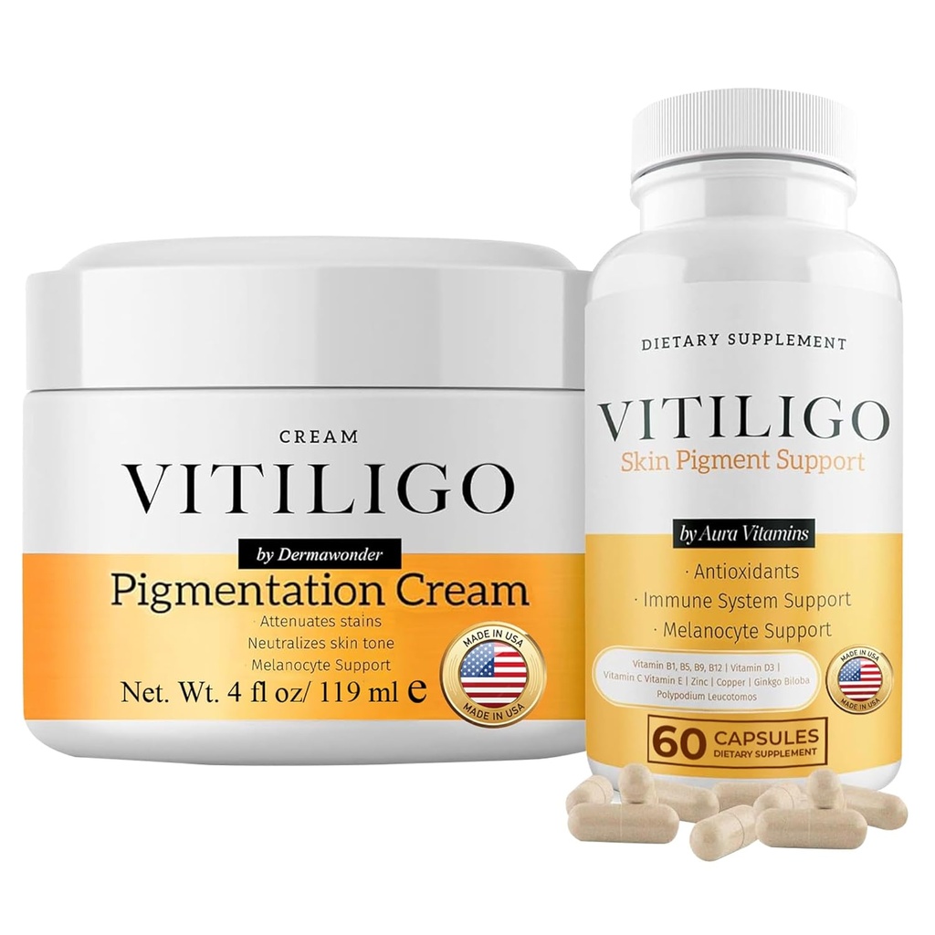 Vitiligo 补充和颜料配料 Cream Set → 60 Vitiligo Capsules 和 4fl Oz Cream → 减少白斑, 改善皮肤颜料配料和中和 皮肤通 → 天然溶液 (1)