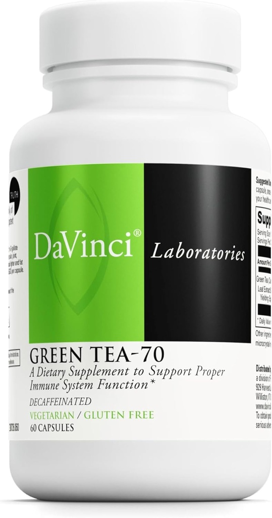 DaVinci Labs Green Tea-70 - 支持免疫系统的饮食补充,心血管健康和胆固醇健康 - 带有绿色茶叶提取法 - 十咖啡因 - Gluten-Free - 60 Vegetarian Capsules