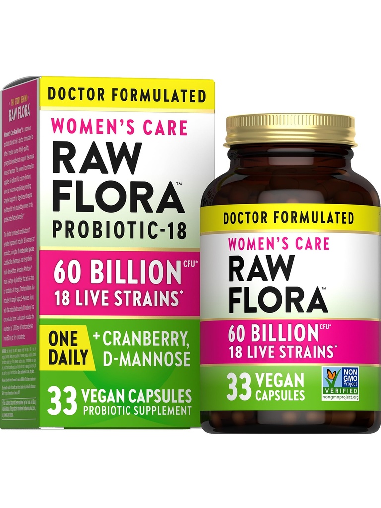原始弗洛拉女性抗生素(Raw Flora Women's Probiotics) 设计了60亿CFU + Prebiotics + 消化,阴道和尿道支持 + 33 Vegan Capsules with Cranberry & D-Mannose → 大陆架稳定