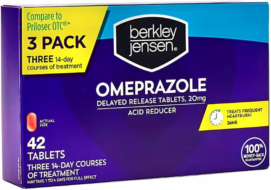 Berkley jensen Omeprazole 20 mg 延迟释放药片 - 心脏灼伤药片 - 减少酸剂 - 治疗频繁的心脏灼伤 - 3x14天课程,共计42个计数(1包)