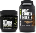 NutraBio Creatine Monohydrate, Unflavored, 150g and Whey 蛋白质溶液、荷兰巧克力、补充包-肌肉能源、精益肌肉生长、恢复和强力
