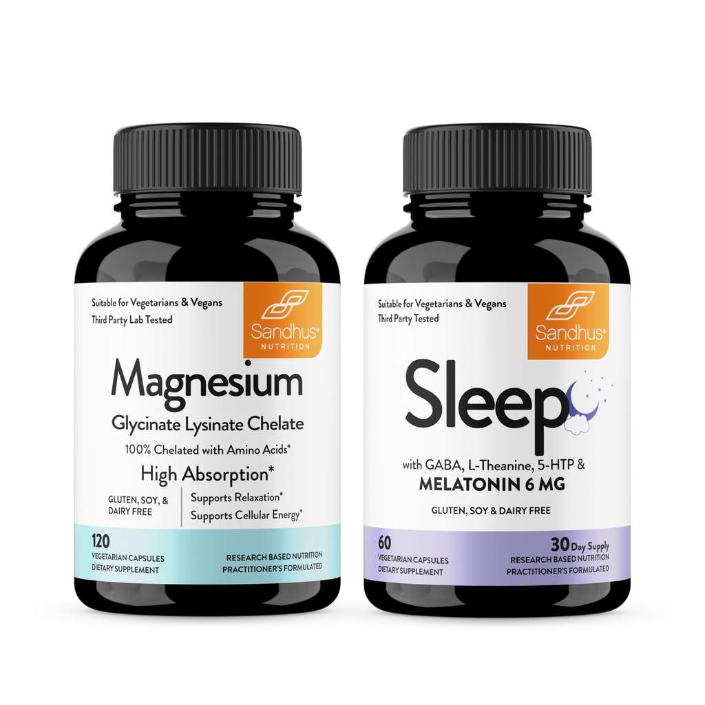 Sandhu's Magnesium Glycinate Lysnate Easy to Wallow 120 Capsules & Sleep 60 Capsules – 非哈比特人组成 5-in-1睡眠援助补充 – 支持休眠,肌肉和心脏健康 – 在美国制造