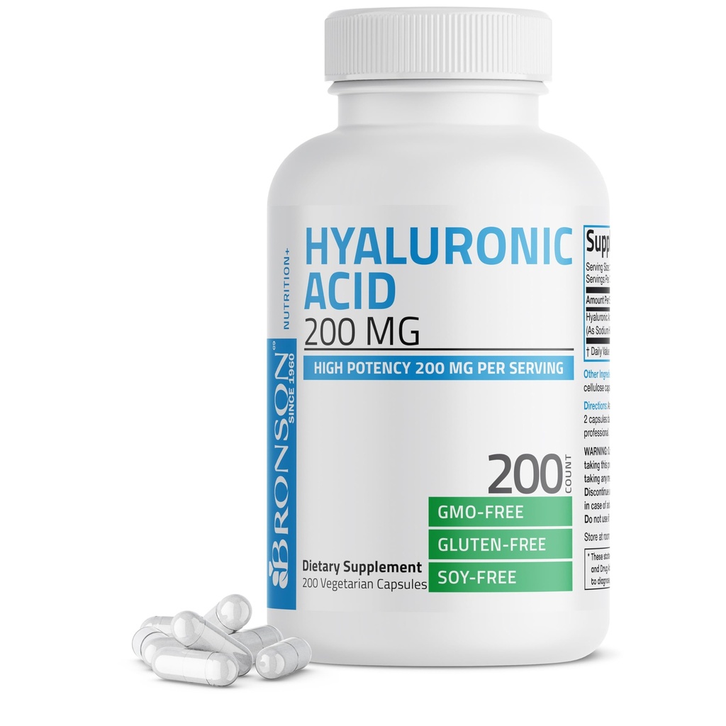 Bronson Hyaluronic Acid 200 MG 高潜力联合健康与健康皮肤支持,非GMO,200 植物盖