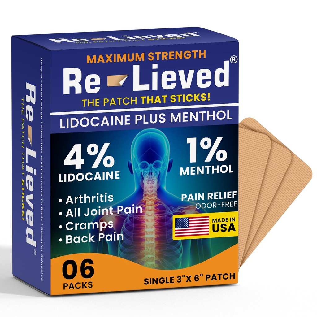 释放4%的Lidocaine Patches with Menthol - 对背部,膝盖和肌肉疼痛的最大强度疼痛缓解 - 快动作药补丁 - 在美国制造 - 6个计数