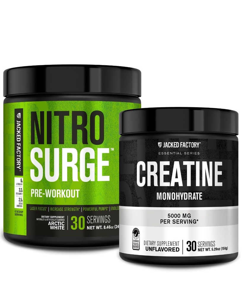 Jacked Factory NITROSURGE 工作前补充剂(北极白) Creatine Monohydrate Powder 150g(未味) 用于肌肉生长,增强强度,增强能量