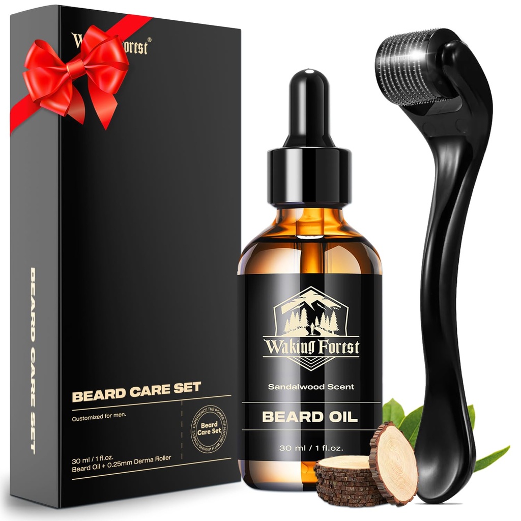 醒林 Derma Roller 0.25mm & Beard Oil(1oz),桑达尔伍德熊皮包,Microned Beard Roller 配有540 泰坦ium,天然摩斯ur配有维生素E Beard Oil for Men, Fathers Boyfriend Dad