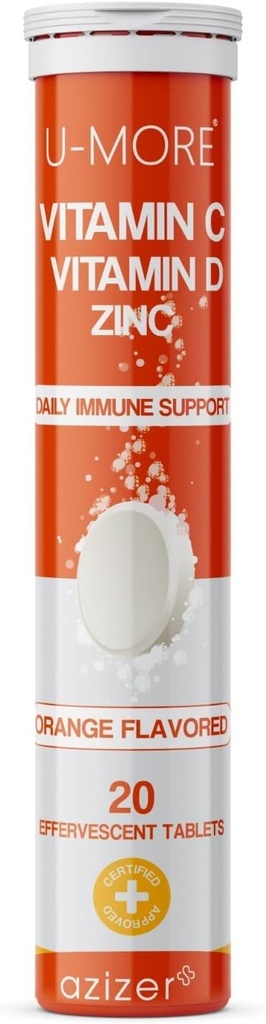U-MORE 维生素 C 1000mg & Zinc + 维生素 D, 20 Effervescent 片, 橙色Flavor, Immune 支持补充, 快速溶解, Boosts Immune 系统, 支持健康皮肤, 头发和钉子