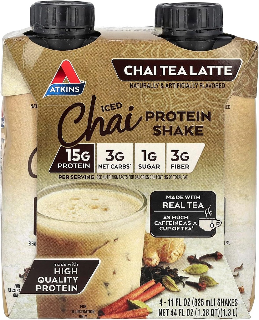 Atkins Iced Chai Tea Latte Protein-Rich Shake, Keto Friendly and Gluten Free. (4 Shakes) (英语).