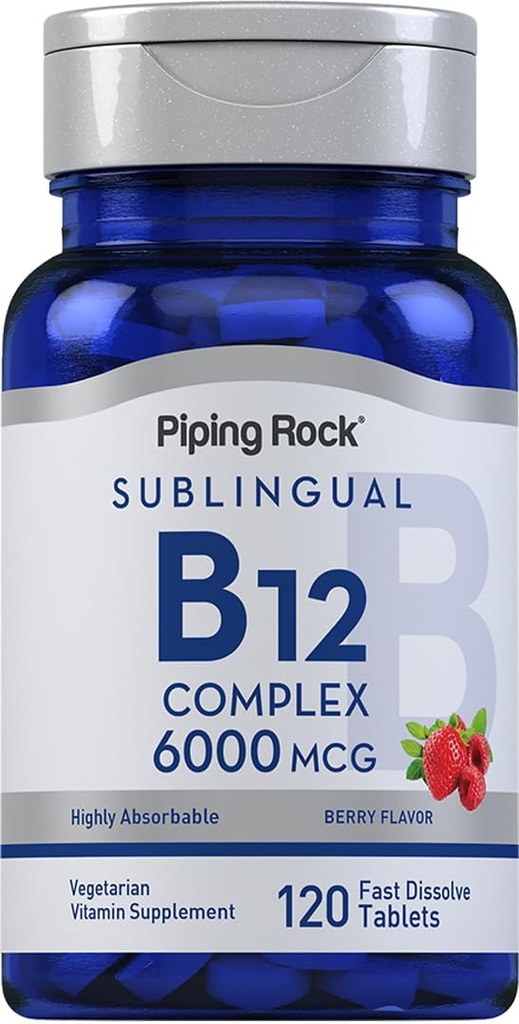 Pipping Rock Sublanguage B12 Complex 6000 mcg → 120 快速溶解板 → Berry Flavor → 蔬菜, Non-GMO & Gluten Free