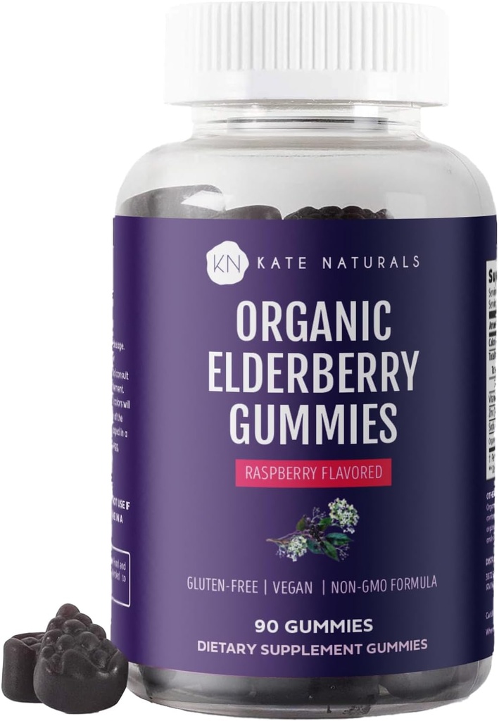 Kate Naturals Elderberry Gummys 配有维生素C和锌的成人与儿童. 支持免疫的美味桑布库斯草莓(90份,45天供应,有机)