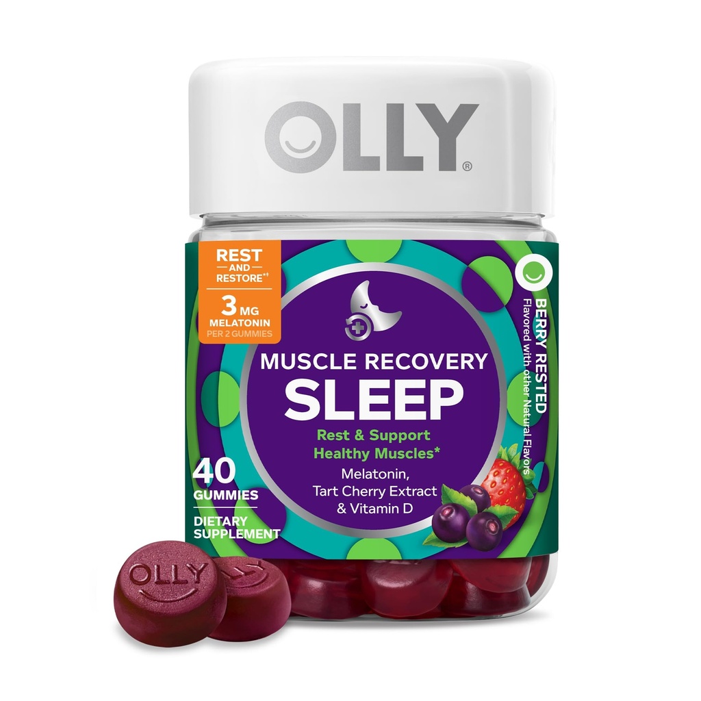 OLLY 肌肉复苏 睡眠胶囊 睡眠和灵魂肌肉支持 3mg Melatonin, 塔尔特樱桃,维生素D, Berry Flavor - 40 Counter
