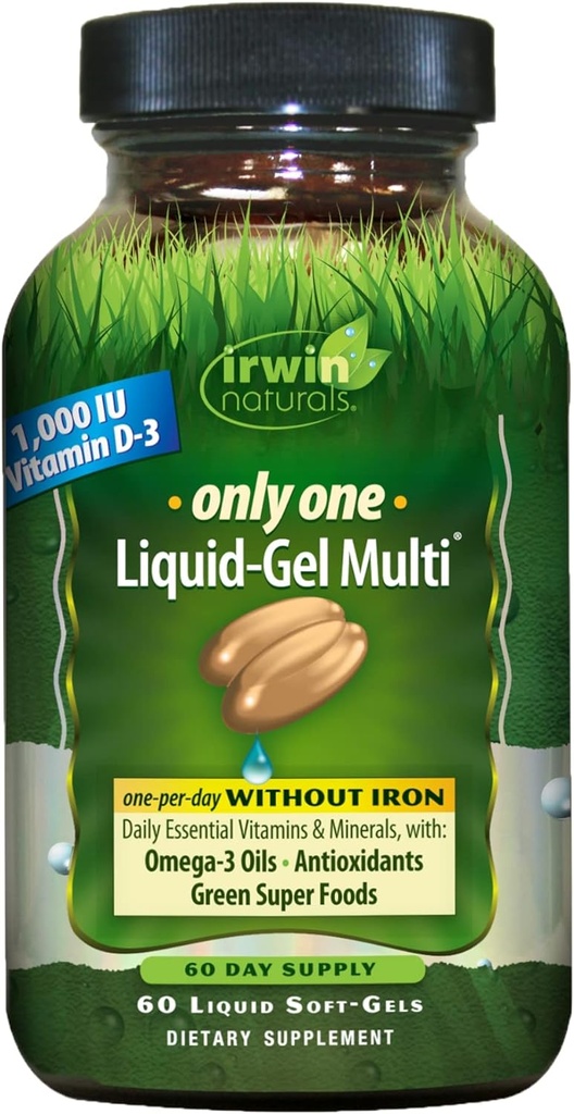 Irwin Naturals Only One Liquid-Gel Multi - 60 Liquid Softgels - 无铁每日基本维生素,矿物,抗氧化剂,Omega-3和绿色超级食品