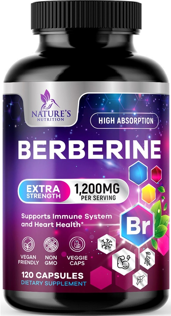 Berberine HCL 1200mg 补充剂 - Berberine HCI Capsules 高吸附剂 心脏健康和免疫支持,高强度,无粘液,Vegan,非GMO药 - 120 Veggie Capsules