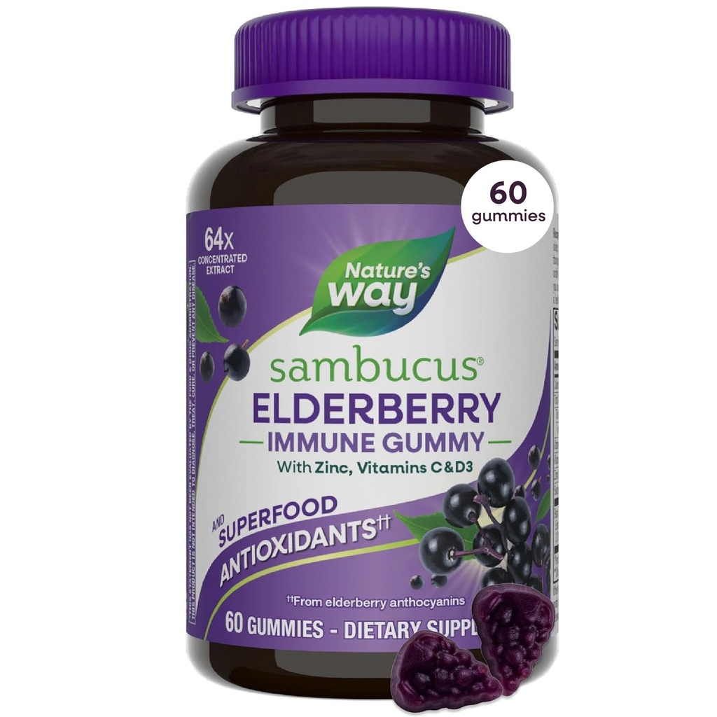 自然之路 Sambucus 长老会支持儿童与成年人的Gummys* 配有黑长老会的Braint、维生素C、维生素D3和锌60 Gummys(包装5月Vary)