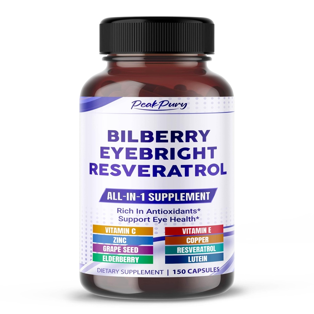 Bilberry Eyebright Astaxanthin Elderberry Resveratrol 补充剂 - 富含抗氧化剂和支持眼部健康 - 美国制造 - 150卡普尔
