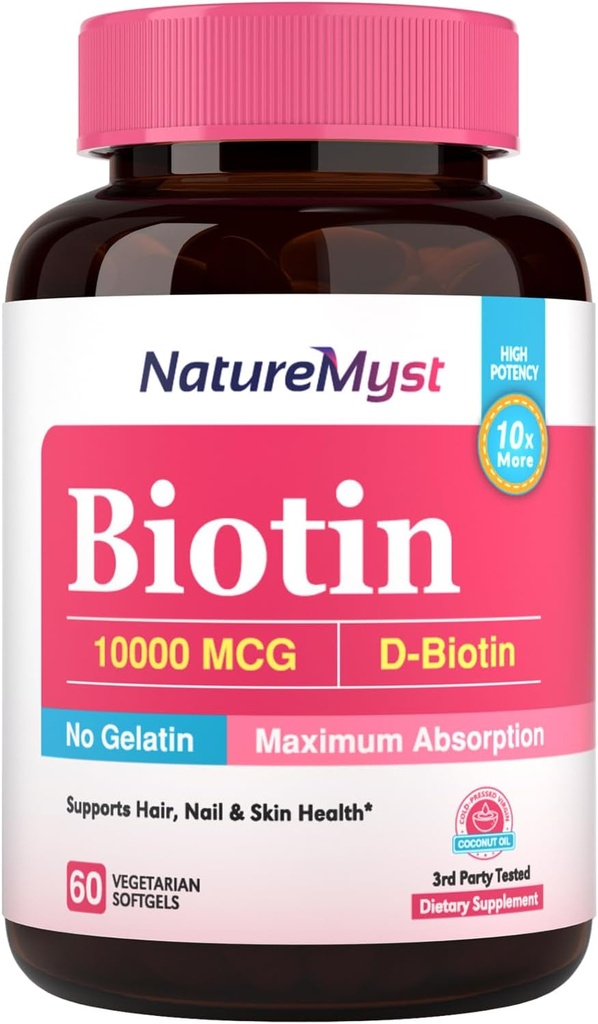 Biotin 10000 mcg, 高概率, 生物活性, 冷前椰油用于最大吸收, 无胶原, 毛发, 钉子, 皮肤, 60 蔬菜软胶