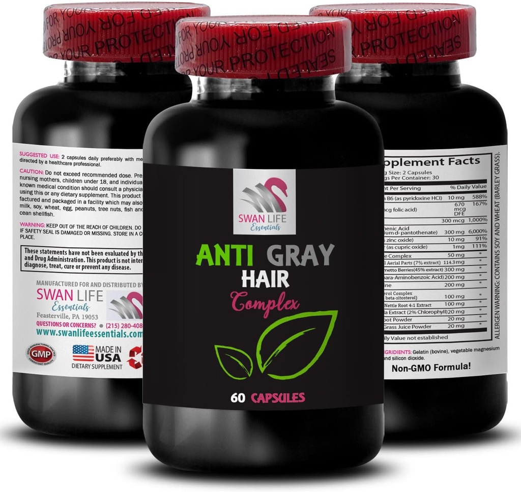 灰发补充剂 - ANTI GRAY Heir COMPLEX - 抗灰发丸,新鲜色调,色彩复兴,色彩亮度,发荫控制,抗灰发胶囊,青春外观 1瓶60盖