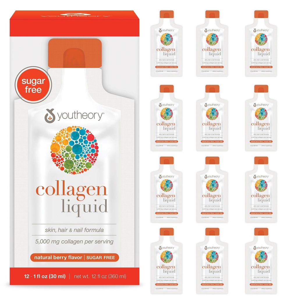 Youtheory Collagen Liquid - 5,000 mg - 用于毛发生长、皮肤和钉子* - 支持联合、骨骼和肌肉健康* - 与氨基酸 - Berry Flavor - 12个单一服务包(12天供应)