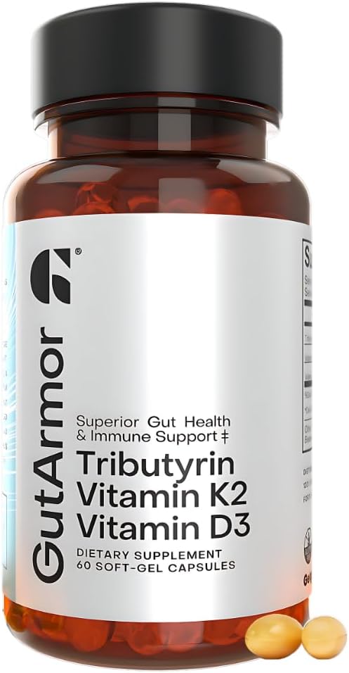 Gut & Heart Health + Immune 支持 → 2个月供给 → 60 Soft Gel Capsules → 纯 Butyrate 350mg & Vitamin D3 2000IUs & Vitamin K2 120mcg → 心脏健康 → 胃肠支持