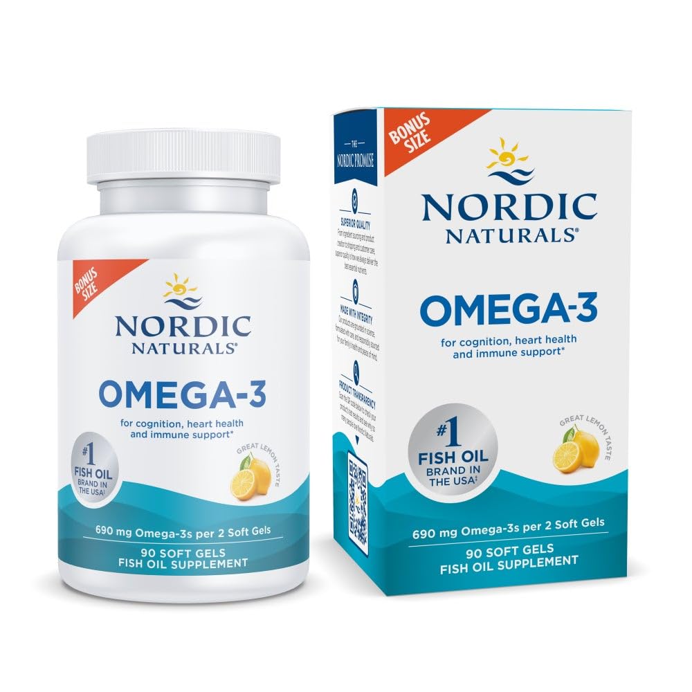 北欧自然Omega-3,Lemon Flavor - 90 软宝石 - 690 mg Omega-3 - 鱼油 - EPA & DHA - 免疫支持,脑和心脏健康,最佳健康 - 非GMO - 45 服务