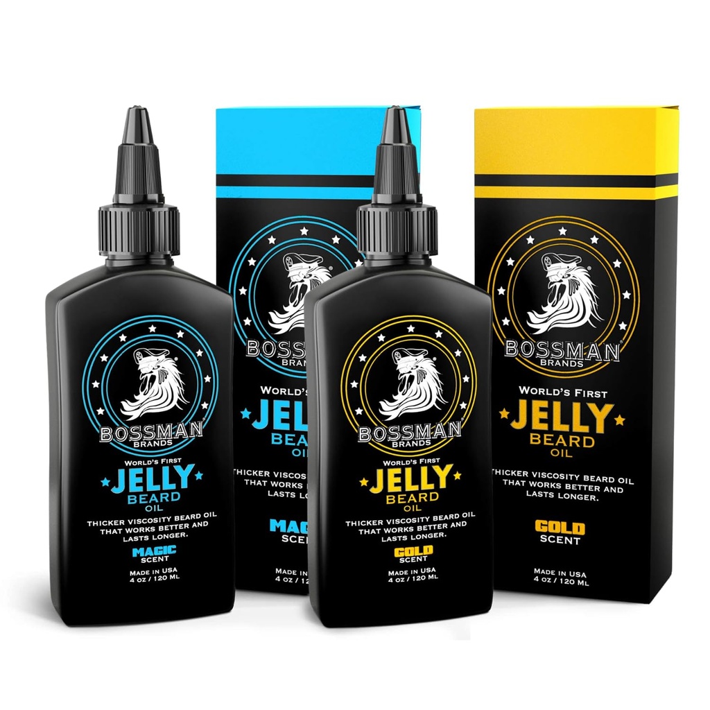 Bossman Beard Oil Jelly Kit (2 Scents) - 胡子生长变软器, 天然成份的摩尼菌Lotion Gel - 胡子生长产品 (Magic & Gold Scents)
