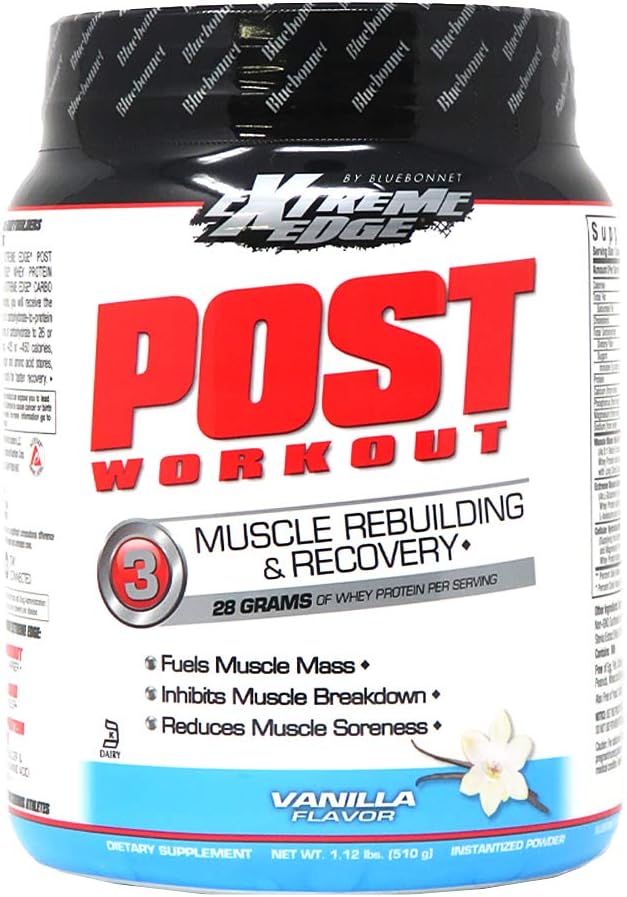 Bluebonnet Nutrition Extreme Edge Post Workout Protein Powder, Grass Fed Cows, 28 Grams of Protein, No Sugar Added, Gluten Free, Soy Free, Kosher Dairy, 1.12 lb, 12 Servings, Vanilla Flavor