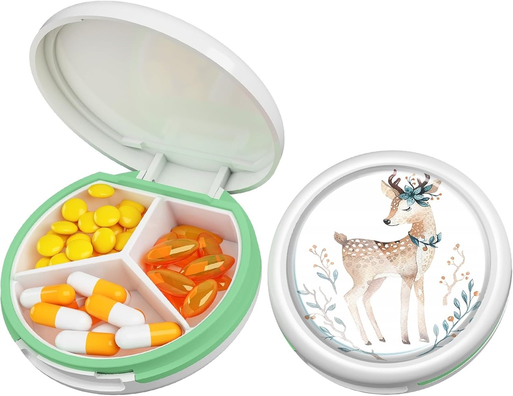 Serfeymi小药盒 - 3 Portable Pill Box for Purse Pocket, Compact mini Travel Pill case - 适合医药,维生素,鱼油,补充品 - White(鹿)