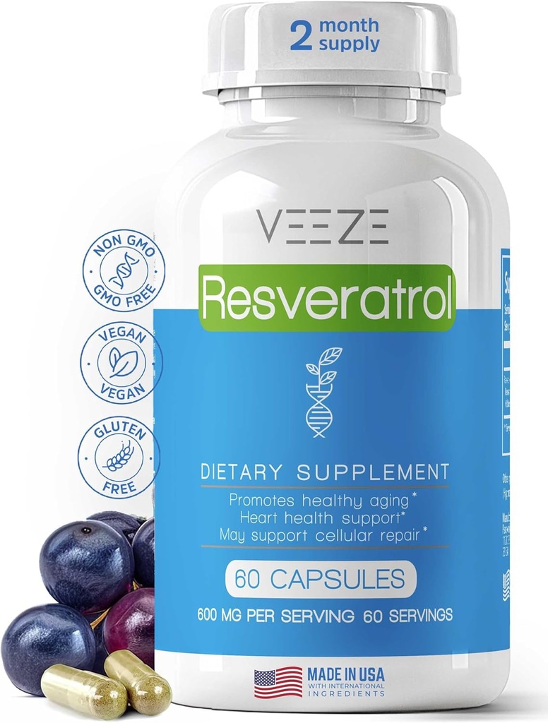 VEEZE Resveratrol Supplement 600mg 60 Capsules & 60 Servings - Made in USA Natural & Organic Resveratrol - Rich in Antioxidants & Trans Resveratrol for Well-Being Support - Premium Organic Resveratrol