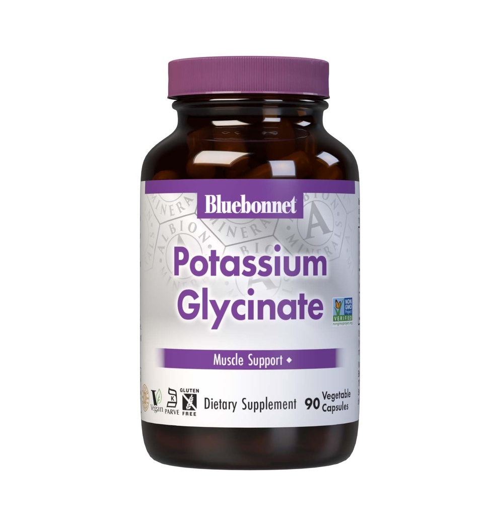 Bluebonnet Potassium 99 mg Albion Glycnate 复合体 - 电解质平衡、肌肉强度和对妇女和男子的矿物恢复支持 * - 非GMO、Vegan、无胶囊90