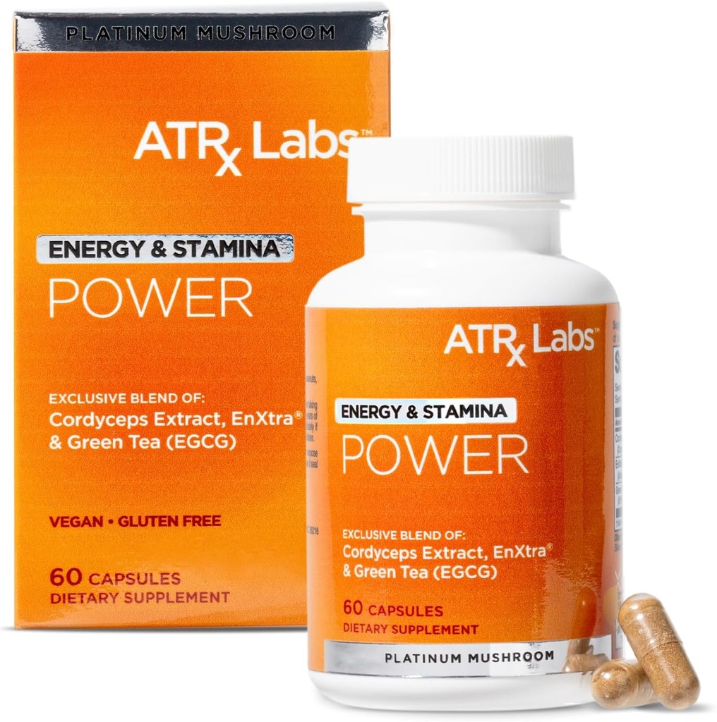 Power: Energy & Stamina - 蘑菇补充品,配有 Cordyceps, Green Tea, 和 Alpinia Galanga 的专有摘录, May 改进焦点与能源, Vegan & Gluten-Free, 60 Capsules