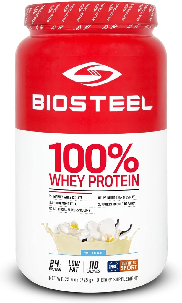 BIOSTEEL 100% WHEY蛋白粉补充剂,rBGH Hormone Free and Not-GMO Watchout Formula, Vanilla, 25 services (英语).