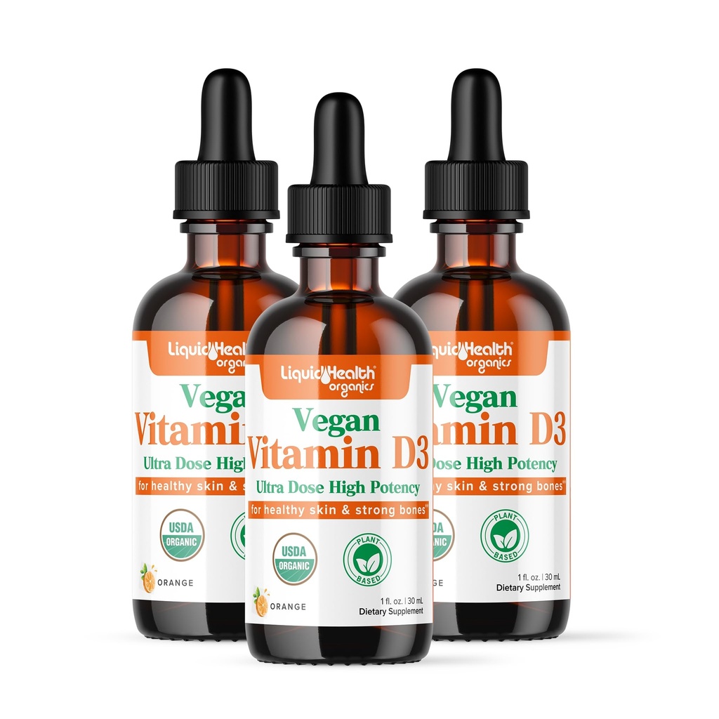 LIQUIDHEALTH 维生素 D3 4000 IU,USDA 成人和孩子有机维生素D液滴,维根维生素D 免疫系统支持,骨质健康,木质支持,健康皮肤 - 美国制造(3包)