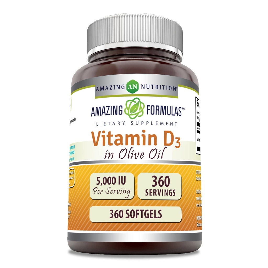 橄榄油中维生素D3的神奇配方 5000 IU Supplements → 软胶 → Non-GMO → Gluten - Free → 美国制造(1 pack → 360 Count)