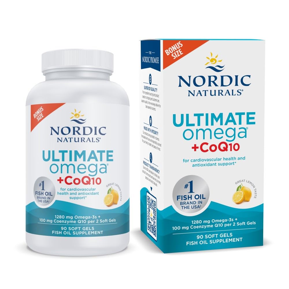 北欧自然体 终极Omega + CoQ10,柠檬 - 90 软宝石 - 1280 mg Omega-3 + 100 mg CoQ10 - 心脏健康,细胞能量,抗氧化剂支持 - 非GMO - 45 services