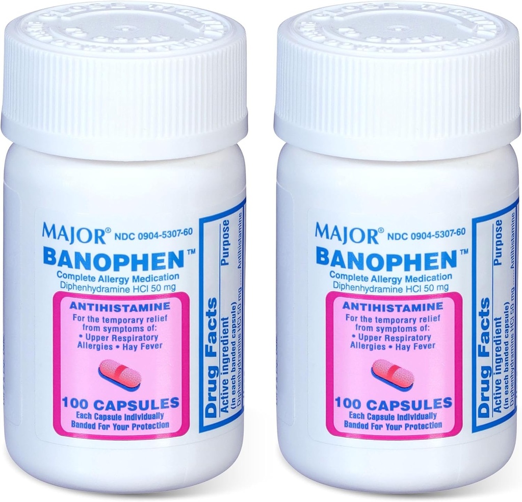 主要Jor Banohpen - 完全过敏药剂 - 二苯胺HCI 50毫克 - 抗己胺 - 100卡普尔(2包)