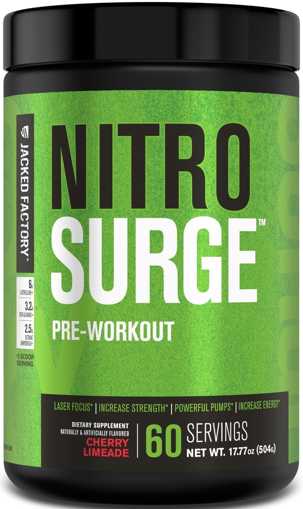 Jacked Factory NITRSURGE Pre Workingout Supplement - 无尽能源,即时强力增益,清晰焦点,密集泵 - NO Boster & Powerful Preworkout 能源粉 - 60 services, Cherry Limeade