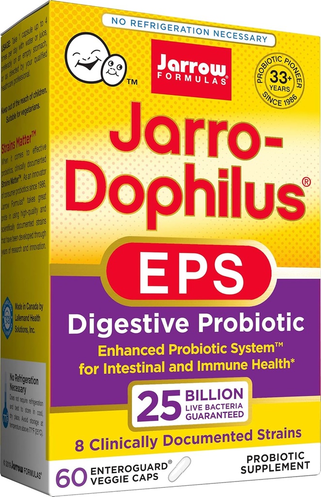 Jarrow Formules Jarro-Dophilus EPS 高潜力,25亿个细胞 Per Veggie Capsules,支持胃肠健康,60 Counter(冷船,包2)