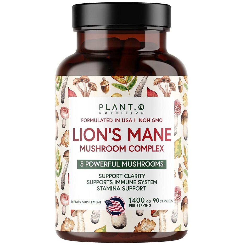 Plant.O Premium Lion's Mane Supplement, All Natural Nootrophic Brain Supplement, 5 蘑菇综合体 — Lion's Mane, Reishi, Chaga, Maitake, Shiitake for 豁免, Focus, Mood & Memory Boost, 90 Caps