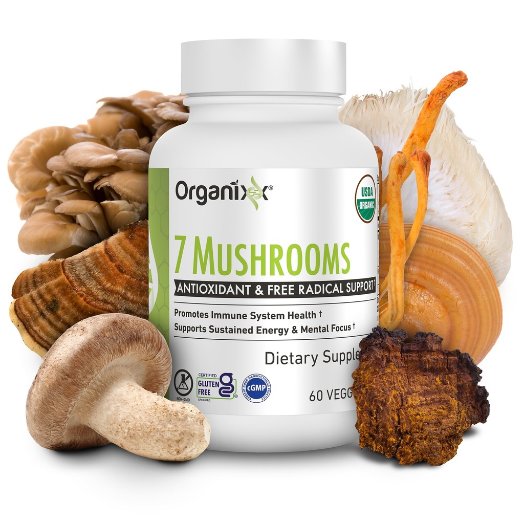 Organix USDA 有机蘑菇补充品,7发酵蘑菇 — Lions Mane,Shiitake, Cordyceps, Turkey Tail, Reishi — 用于Imune 和 Digestion 支持, 60 蔬菜卡普尔