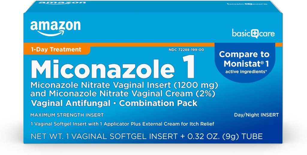 基本护理 Miconazole Nitrate Vaginal 插入 1200 mg 和 Miconazole Nitrate Cream 2 混合阴道感染,白色,0.32 Ounce (Pack of ), 1 计数