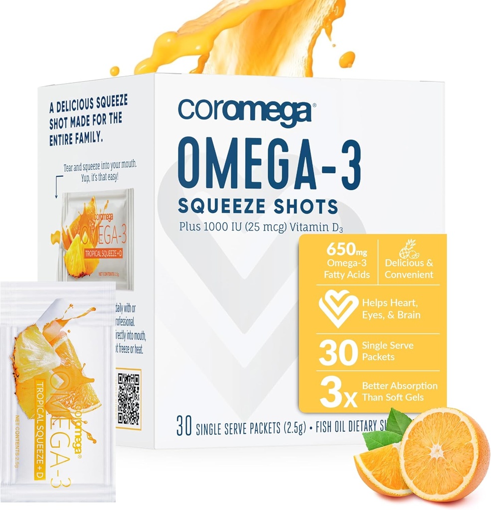 Coromega Omega 3 鱼油补充剂,配有额外的维生素D3,650毫克的Omega-3,配有3X更好的吸附剂Than Softgel,热带橙色火焰,30个单一服务挤压包