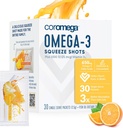 Coromega Omega 3 鱼油补充剂,配有额外的维生素D3,650毫克的Omega-3,配有3X更好的吸附剂Than Softgel,热带橙色火焰,30个单一服务挤压包