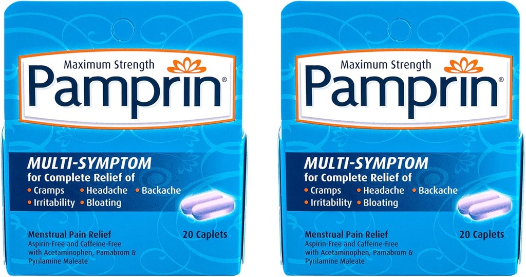Pamprin 多同位素公式,有Acetaminophen, 月球期症状缓解,包括阴囊、疼痛、刺激和布洛廷, 20 Caplets (Pack of 2)